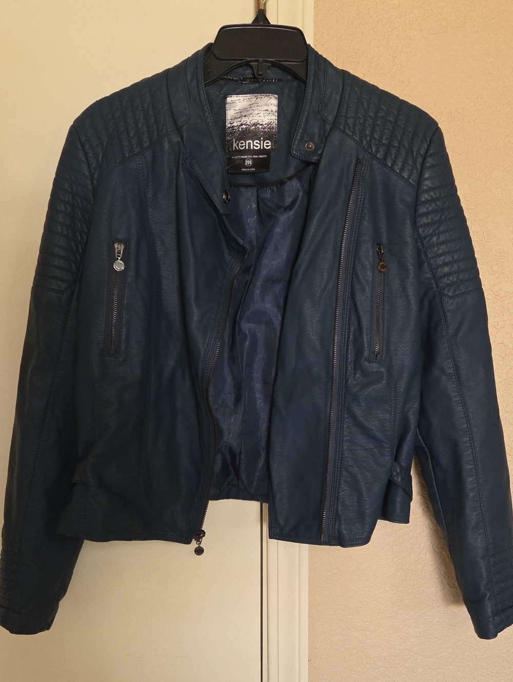 Kensie Blue Quilted Shoulder Faux Leather Moto Jacket